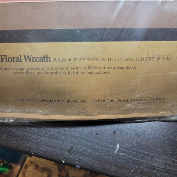 VTG Cottage Floral Wreath Needlepoint Kit Candamar Designs 14x14 Canvas & Floss - Picture 6 of 6